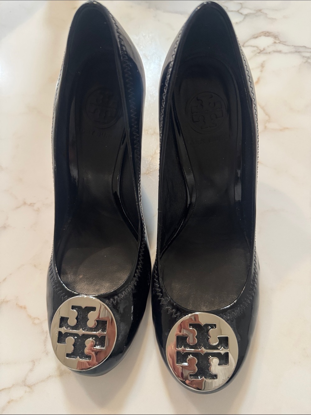 Tory Burch Black Patent Logo Round-Toe Heels